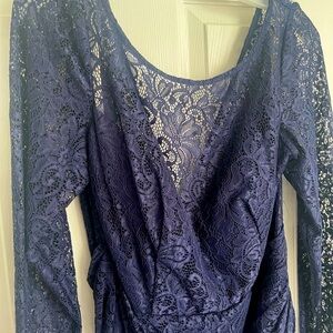 Navy Long-sleeved Floor-length Lace Dress